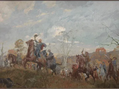 A mural of Confederate soliders on horseback in an autumn landscape of hillside and trees