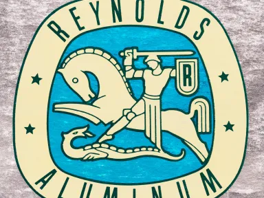 Reynolds Aluminum sign - image depicts horse with knight slaying a dragon