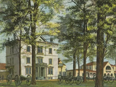 An illustration of a three-story white building in the midst of tall trees