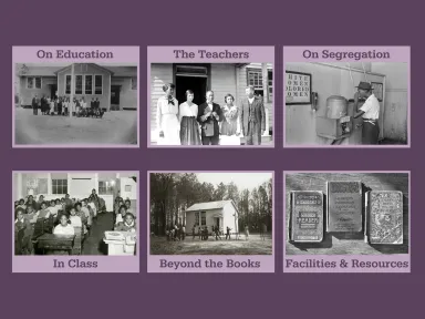 Purple background with a grid of 6 black and white photo of school buildings and children in schools, and text over each one, including "On Education", "The Teachers", "On Segregation", "In Class", "Beyond the Books", and "Facilities & Resources"