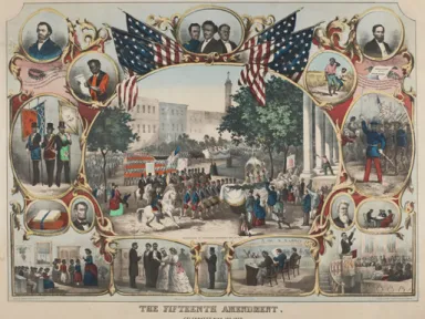 A large drawing with smaller intricate drawings related to the 15th amendment