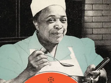 A woman wearing an apron holds a pot and serving spoon. An orange circle says "The Jemima Code: Two Centuries of Afircan American Cokbooks" by Toni-Tipton Martin
