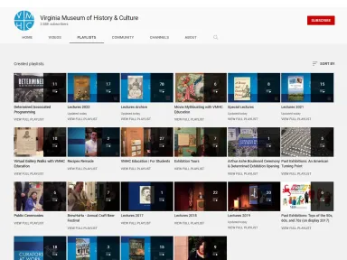 A screenshot of the VMHC YouTube Channel with playlists for lecture videos, virtual programs, exhibition virtual tours, and more