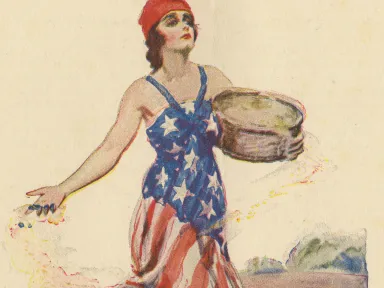 Woman holdig a pot wearing a patriotic dress on the cover of a Victory Gardens promotional brochure