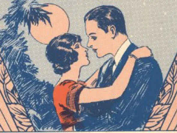 An illustration of a man and woman embracing in front of a tree and full moon