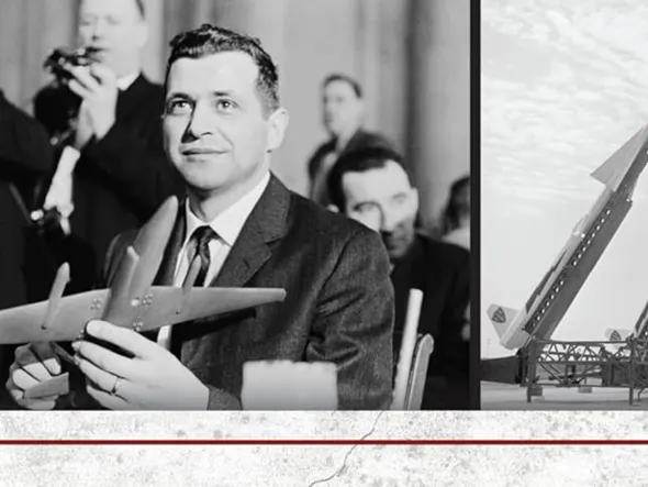 black and white images of a man holding a model military plane, and two model rockets 