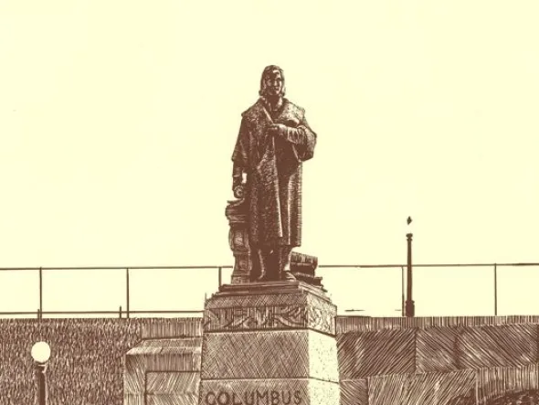 A brown and cream sketch of a Columbus statue on a pedestal