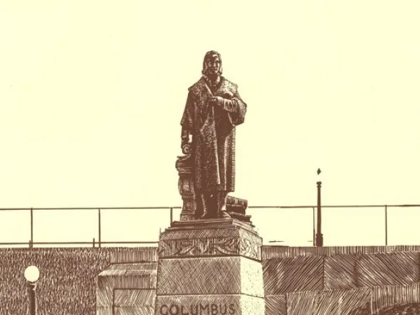 Columbus statue A brown and cream sketch of a Columbus statue on a pedestal