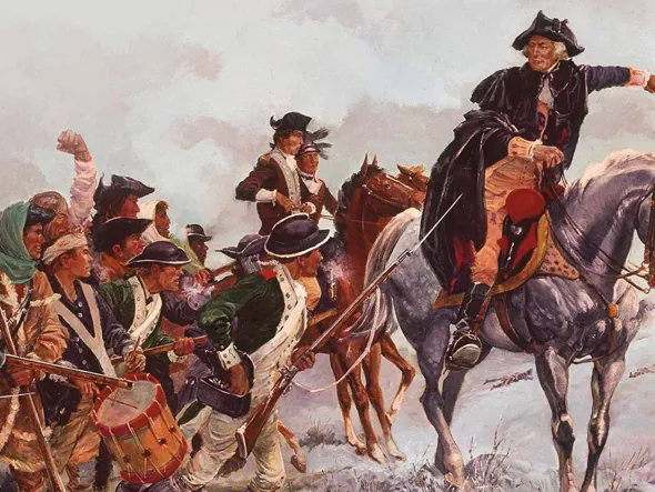 A painting of George Washington on a horse with a military corps band marching beside him