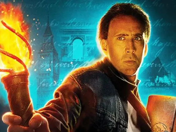 An illustration of Nicholas Cage holding a torch from the movie poster for "National Treasure 2: Book of Secrets"