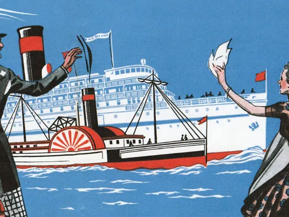 The Old Bay Line—1840 to 1962 An illustration of people in turn of the century dress watching a steamboat