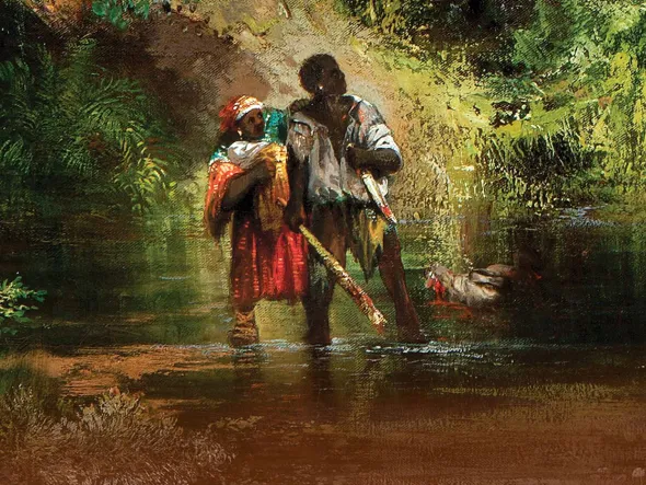 A painting of a family existing a body of water