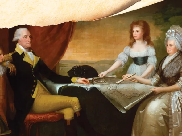 A painting of George and Martha Washington and children gathered around a table.