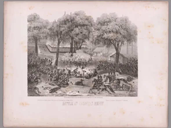 ithograph Battle at Carnifax Ferry, soldiers on horseback by a river and tall trees