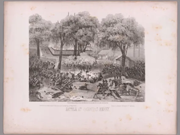 Civil War Art ithograph Battle at Carnifax Ferry, soldiers on horseback by a river and tall trees
