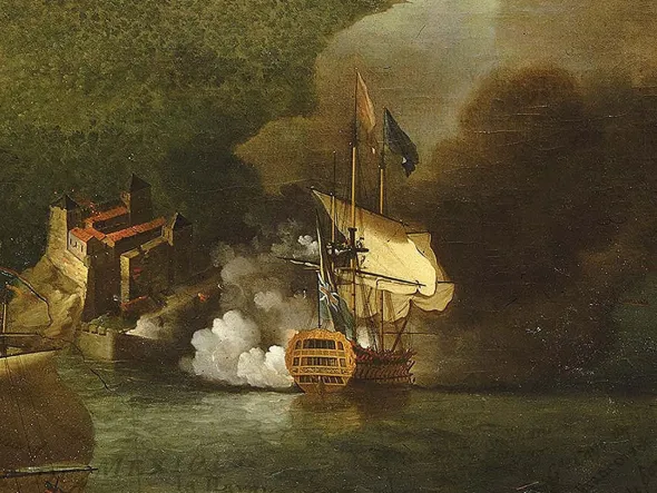 A painting of a ship on water