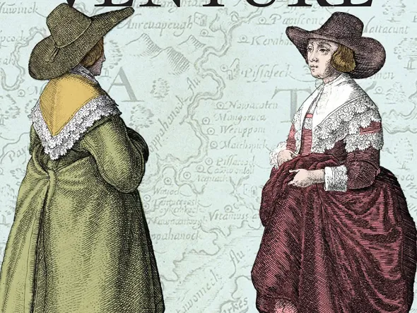 An illustration of two women in wide brimmed hats and large dresses and a map of Virginia in the background