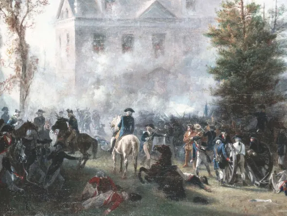 Painting of a battle during the American Revolution, 