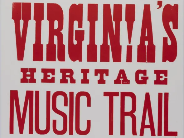 Red text on white background reads: Virginia's Heritage Music Trail.
