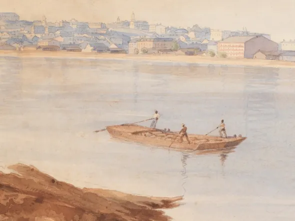 Lecture: Un/Bound Book Launch & Panel Discussion Painting depicting free Black slaves rowing a wooden boat along the banks of the James Rivier with historic Richmond, Virginia in the distance.