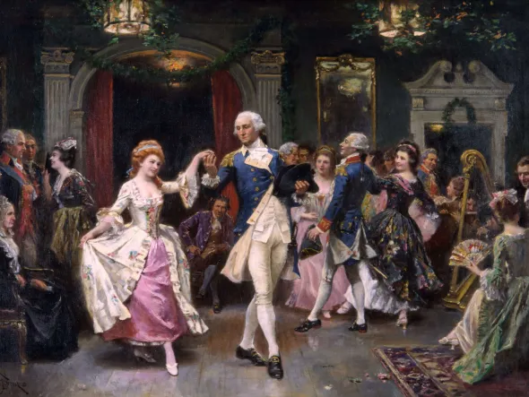 Lecture: Virginians Will Dance or Die! - 18th Century Music and Dancing Demonstration Painting of colonial men and women dancing in a decorated ballroom.