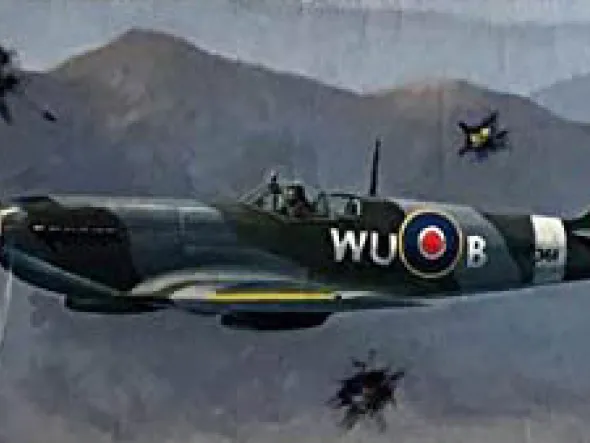 American Spitfire An illustration of WWII fighter plane flying by mountains with explosions in the distance