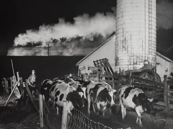 Silver gelatin photographic print. Framed. Image depicts Norfolk and Western Train No. 3, the Pocahontas, in a shroud of exhaust with 13 cars of Christmas mail and passengers.