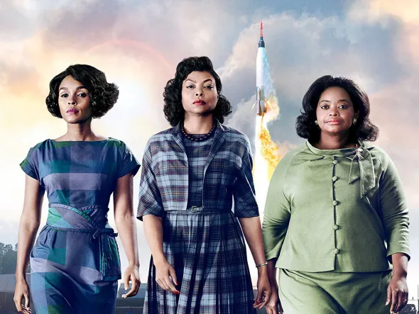 Three women in 1950s skirt suits walk towards the viewer with a rocket taking off in the background