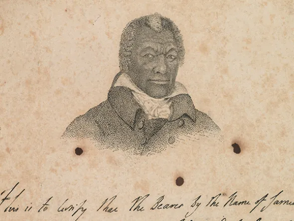 An 1824 engraving of James Armistead Lafayette, after a painting by John B. Martin. The print reproduces the handwritten text of a 1784 testimonial by the Marquis de Lafayette.