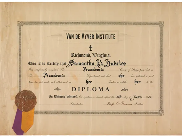 Samantha Hukeless’s diploma from Van de Vyver Institute.