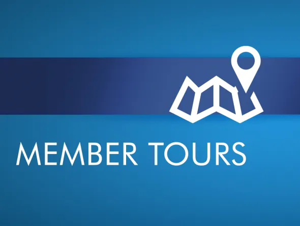 Member Tours white text on blue background with icon of a navigation point on an unfolded map