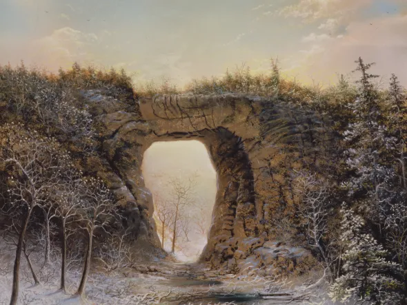 pastel drawing of Natural Bridge in snow