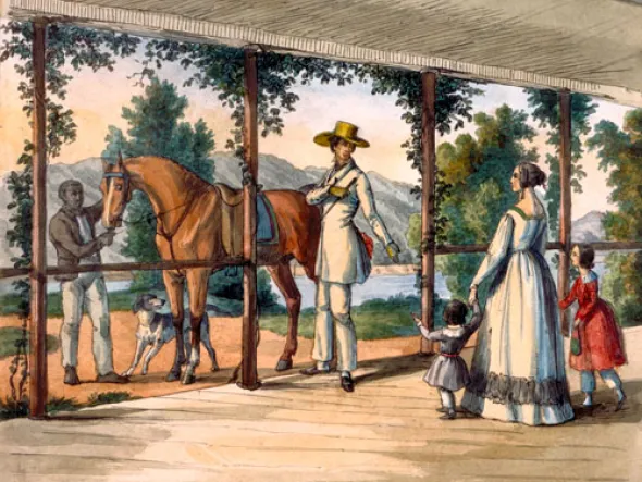 A painting of people in colonial dress with a horse