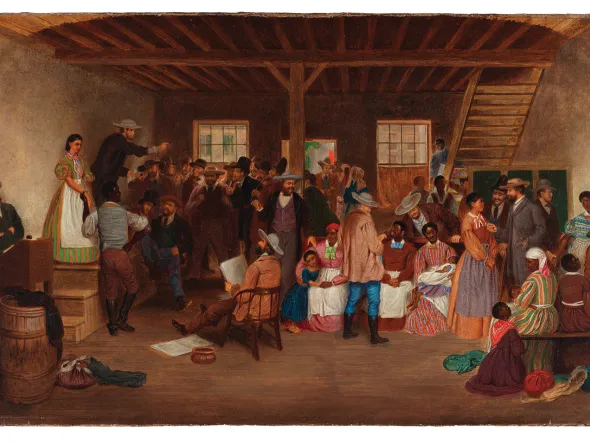 A painting titled "Slave Auction, Virginia" by Lefevre J. Cranstone.