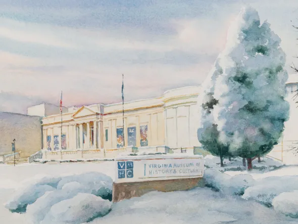 An illustration of the front of the museum in winter