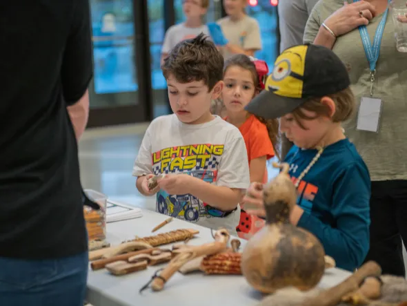 Two children examine touchable artifacts at an education table