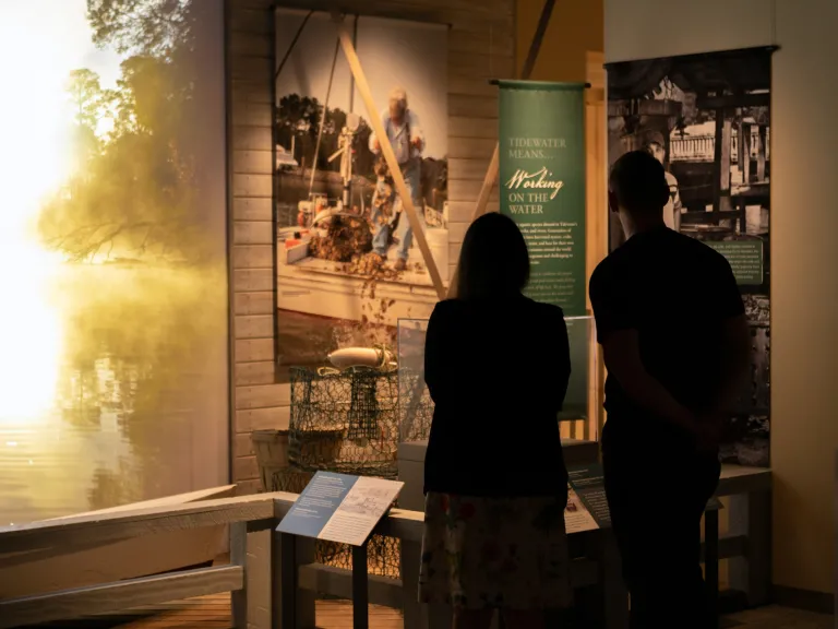 Silhouettes of two people looking at an exhibition of artifacts about Virginia regional history