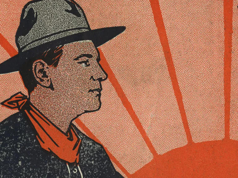 Detail from a program used at Colonial Theatre. A man in a had with red bandana around his neck appears on an orange background