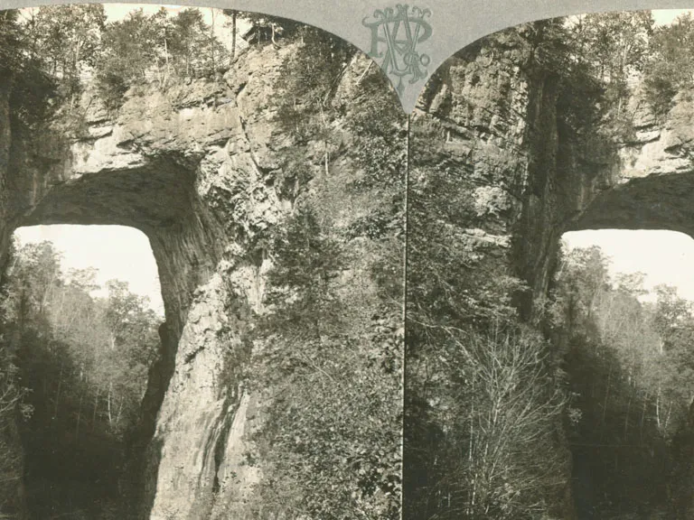 Black and White Stereo Card of the Natural Bridge. Print on obverse reads: "5650 One of Nature's wonders in America. Natural Bridge, Virginia."
