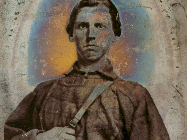Tintype portrait of Robert Thaxton (d.1863), in uniform. Thaxton was a Confederate soldier killed at the battle of Chancellorsville, Virginia.