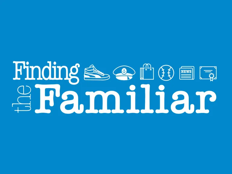 Finding the Familiar White Text on a Blue Background reads Finding the Familiar