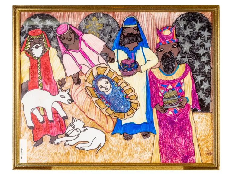 The Nativity Interior scene with Jesus in manger in center surrounded by Mary and three men. Mixed media, including magic marker and glitter.