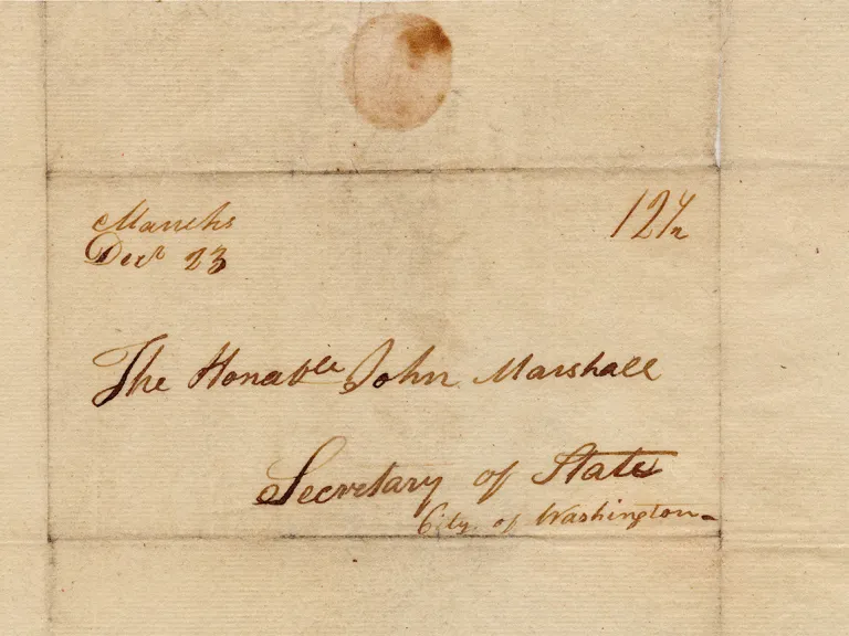 Handwritten script on sepia paper addressed to "The Honorable John Marshall, Secretary of State, City of Washington"