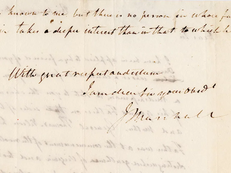 Handwritten script on sepia paper by John Marshall to Samuel Lewis Southard