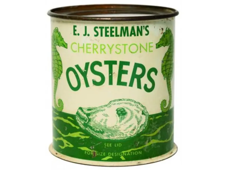 A color photograph of an oyster can.