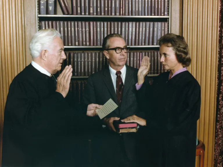 Sandra Day O'Connor being sworn in by Chief Justice Warren Burger