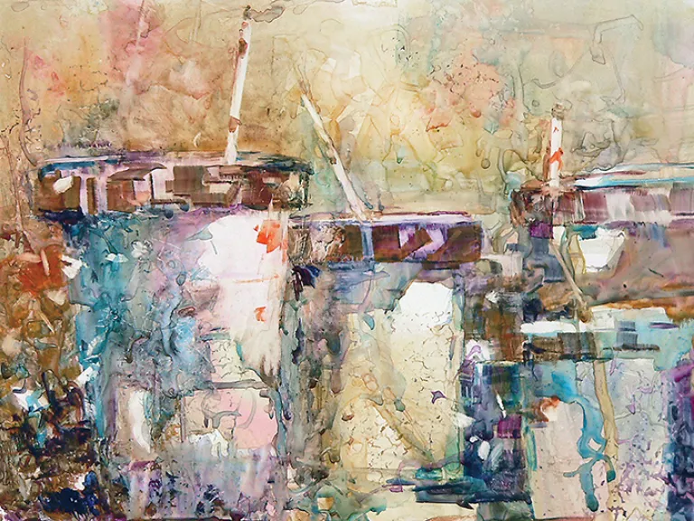 A multicolored painting of takeout coffee cups