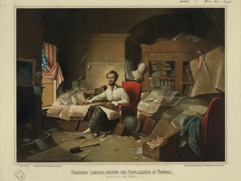 Painting of President Lincoln writing the Proclamation of Freedom by David Gilmore Blythe