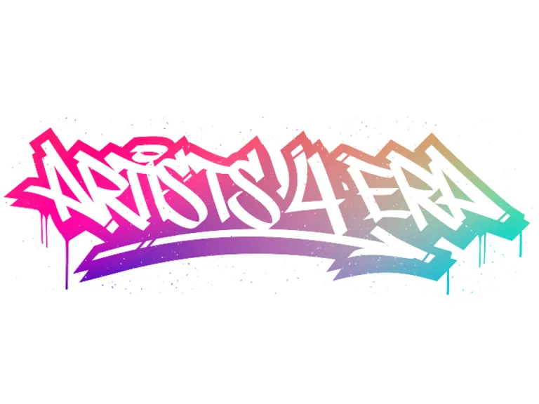 Logo for Artists4ERA Logo for Artists4ERA features multicolored words in a spray painted font