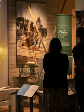 Silhouettes of two people looking at an exhibition of artifacts about Virginia regional history